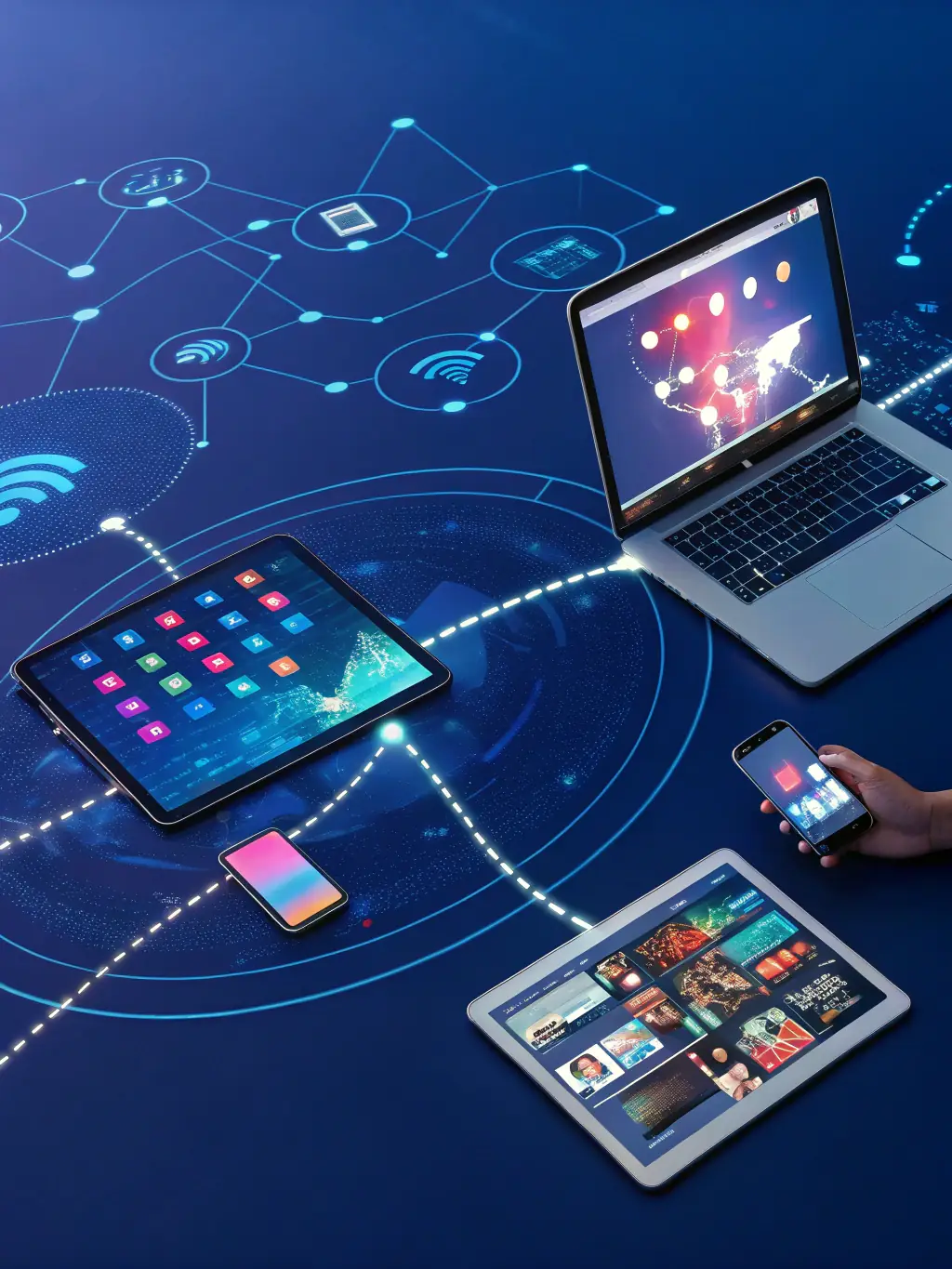 A creative visual representing a seamless integration of desktop and mobile advertising strategies, emphasizing a unified brand experience.